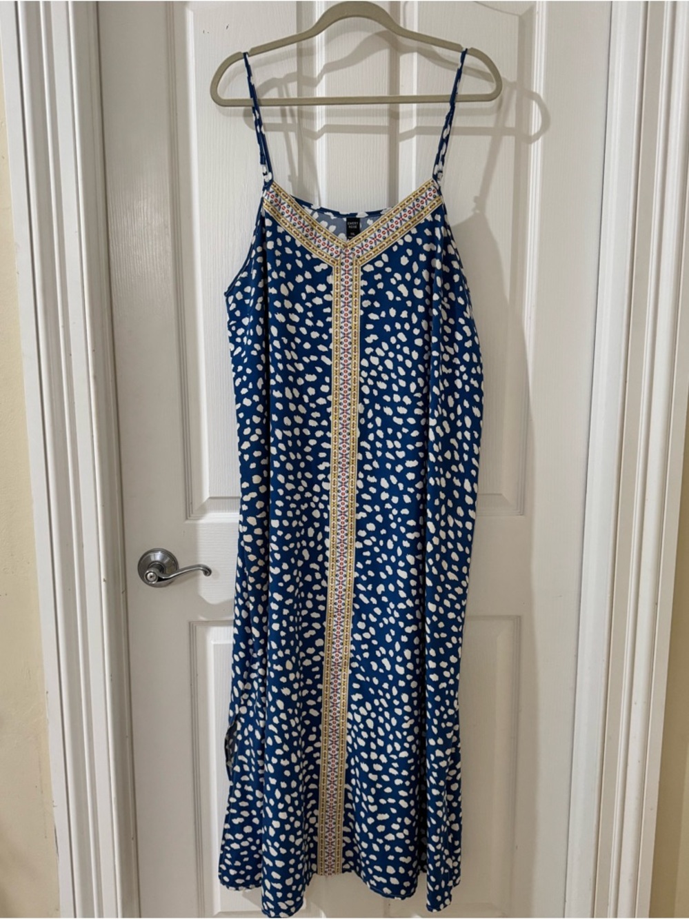 Emery Rose Blue Printed Maxi Dress XL Boho Embroidered Trim Sleeveless